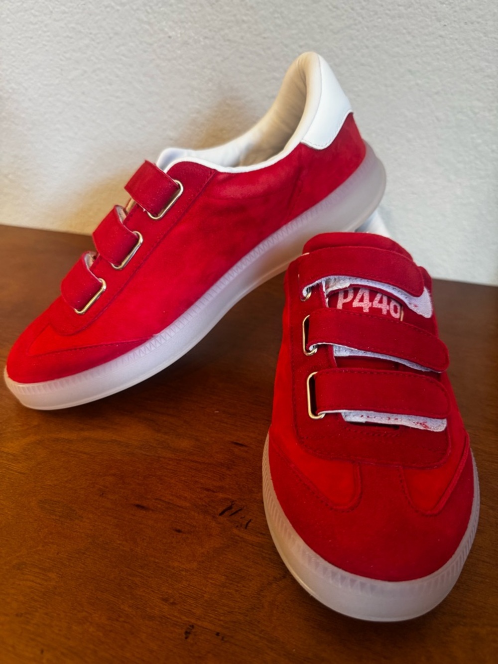 P448 Monza Velcro Sneakers in a vibrant red NWB  Size EU 38 US 7.5-8.0 Women’s